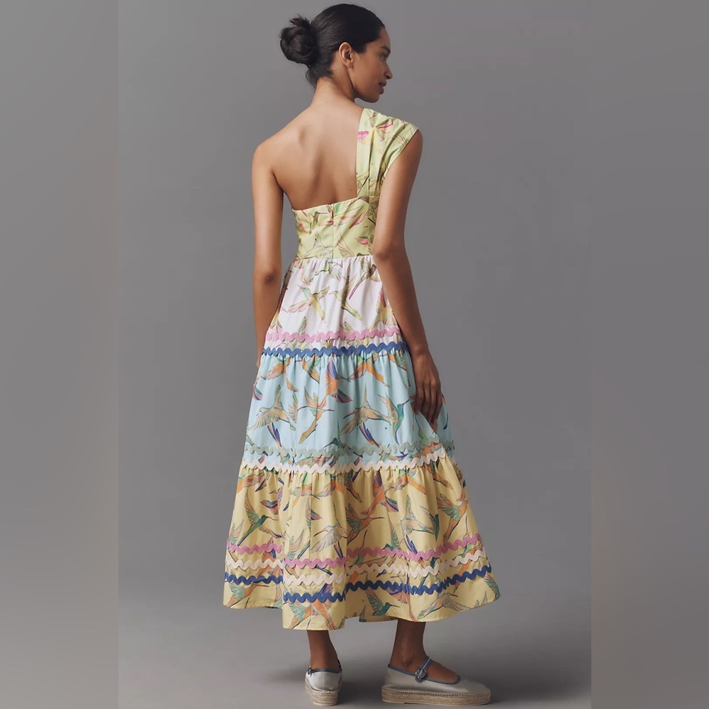 FARM Rio X One-Shoulder Tiered Midi Dress - Hummingbird Size Small NWT - Picture 2 of 7